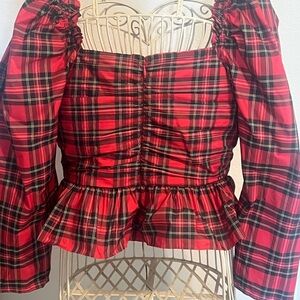 ANTONIO MELANI Red Plaid Long-Sleeve Peplum Blouse